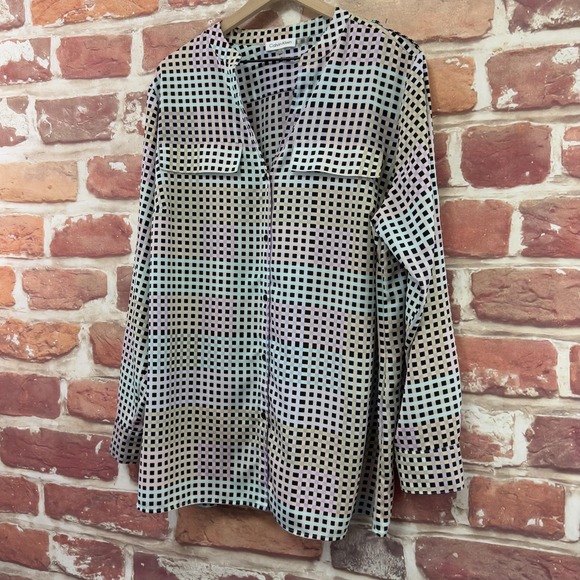 Calvin Klein Top Women's 1X Multicolor Plaid Check Button Front Tunic Shirt - Picture 3 of 8